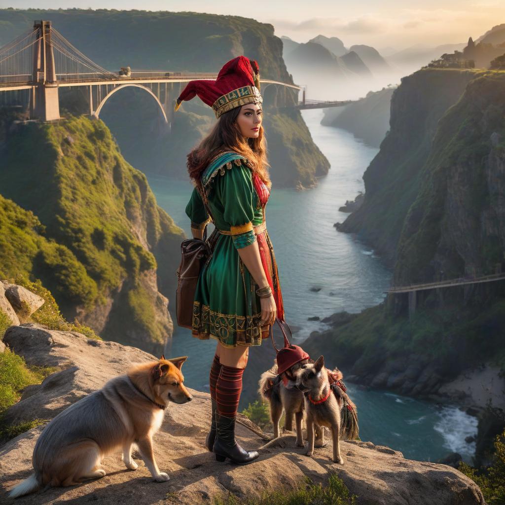  The Fool Tarot Card. A girl dressed as a jester stands at the edge of a cliff. The girl is looking at the camera. In front of her, three cable bridges are stretched across to different directions. She has a backpack with her. There's a small dog nearby. The sun is shining. hyperrealistic, full body, detailed clothing, highly detailed, cinematic lighting, stunningly beautiful, intricate, sharp focus, f/1. 8, 85mm, (centered image composition), (professionally color graded), ((bright soft diffused light)), volumetric fog, trending on instagram, trending on tumblr, HDR 4K, 8K