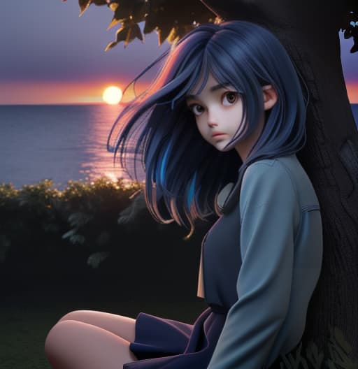  a girl sitting under a tree open hair sunset beech dark blue colour