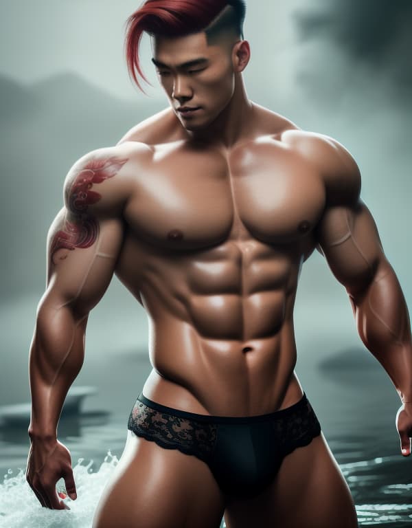  muscle, tattooed Chinese beautiful boy with white lace and red hair, lifting his in river， whole body，red chest hair hyperrealistic, full body, detailed clothing, highly detailed, cinematic lighting, stunningly beautiful, intricate, sharp focus, f/1. 8, 85mm, (centered image composition), (professionally color graded), ((bright soft diffused light)), volumetric fog, trending on instagram, trending on tumblr, HDR 4K, 8K