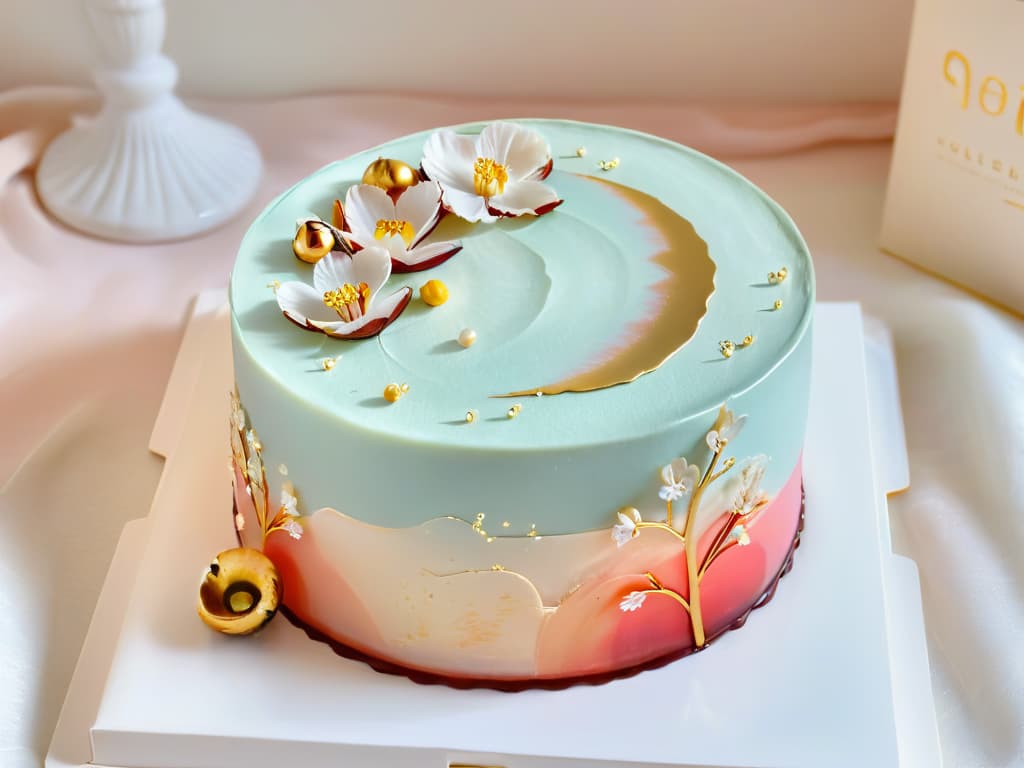  An ultradetailed image of a delicate, intricately designed cake that seamlessly fuses traditional French patisserie techniques with vibrant Japanese flavors and ingredients. The cake is adorned with edible gold leaf accents, delicate cherry blossoms made of sugar, and a glossy mirror glaze that reflects the surrounding light in a mesmerizing display of artistry. The background is a soft, neutral color to keep the focus solely on the exquisite dessert masterpiece. hyperrealistic, full body, detailed clothing, highly detailed, cinematic lighting, stunningly beautiful, intricate, sharp focus, f/1. 8, 85mm, (centered image composition), (professionally color graded), ((bright soft diffused light)), volumetric fog, trending on instagram, trending on tumblr, HDR 4K, 8K