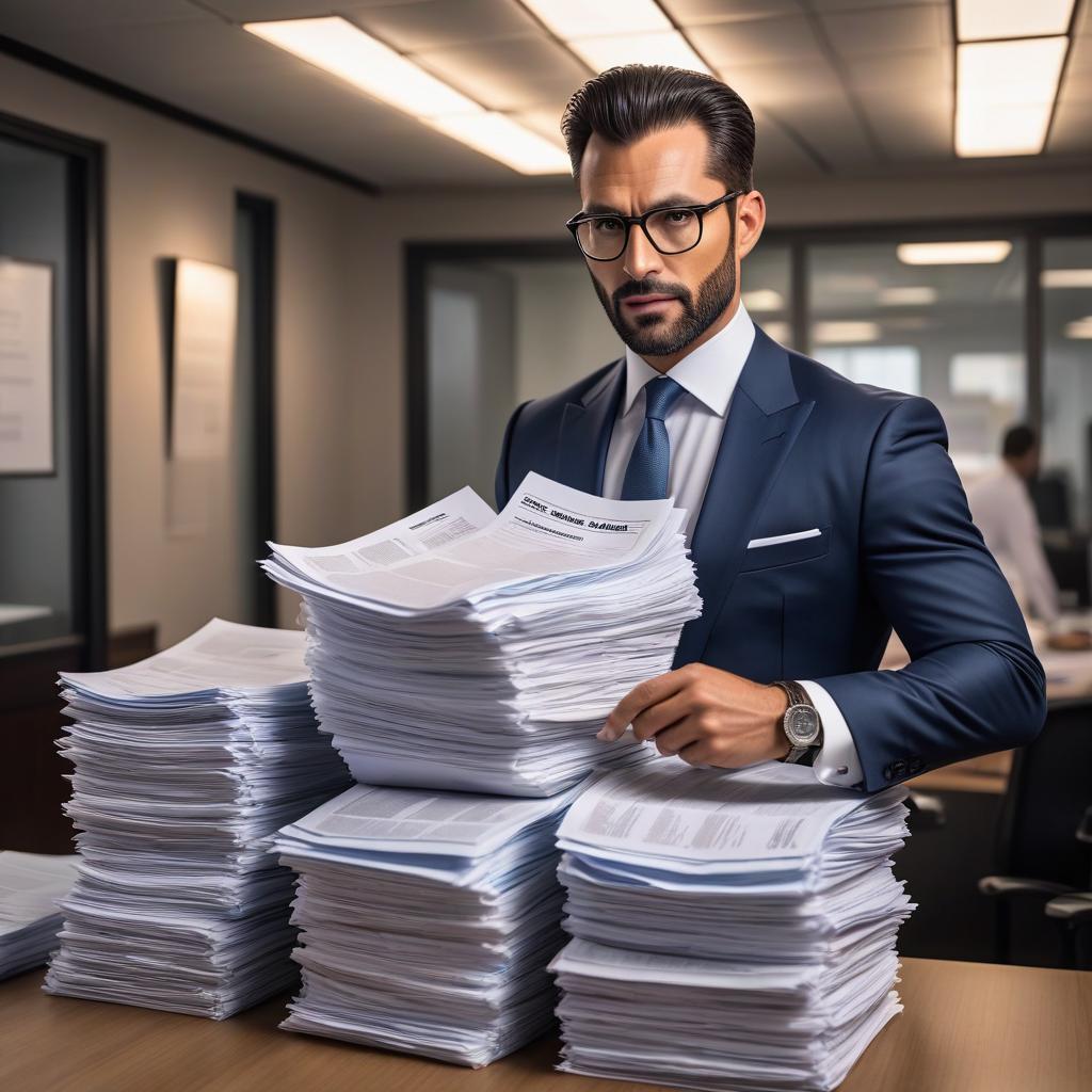  A personnel manager, dressed expensively, holds a stack of resumes. Around the manager, sales managers talk on the phone. hyperrealistic, full body, detailed clothing, highly detailed, cinematic lighting, stunningly beautiful, intricate, sharp focus, f/1. 8, 85mm, (centered image composition), (professionally color graded), ((bright soft diffused light)), volumetric fog, trending on instagram, trending on tumblr, HDR 4K, 8K