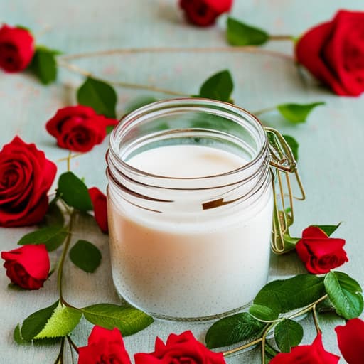 analog style glass jar with cream, surrounded by red roses, on a sunset hyperrealistic, full body, detailed clothing, highly detailed, cinematic lighting, stunningly beautiful, intricate, sharp focus, f/1. 8, 85mm, (centered image composition), (professionally color graded), ((bright soft diffused light)), volumetric fog, trending on instagram, trending on tumblr, HDR 4K, 8K