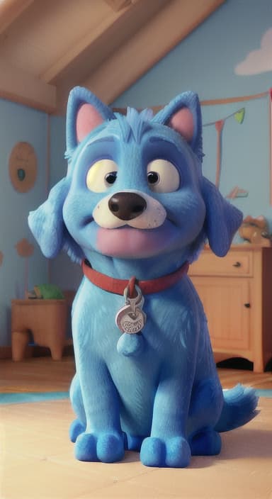  {Max snuggled up in his comfy dog bed inside the house, fast asleep, The big blue dog is large with sky blue fur, big round eyes, a black nose, and floppy ears.