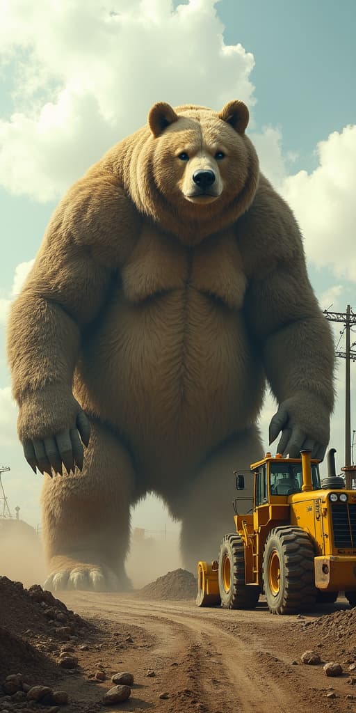  good quality, high quality, a huge creature which is a hybrid between a yellow bulldozer and a bear, construction site, transformers, oil, dust, dirt, cables, technical, sun shines through clouds, highly detailed, photorealistic, realism,