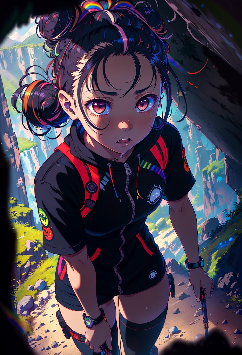  ((trending, highres, masterpiece, cinematic shot)), 1girl, chibi, female hiking gear, dark cavern scene, medium-length curly multicolored hair, hair in a bun, large rainbow-colored eyes, sinister personality, scared expression, dark skin, morbid, clever