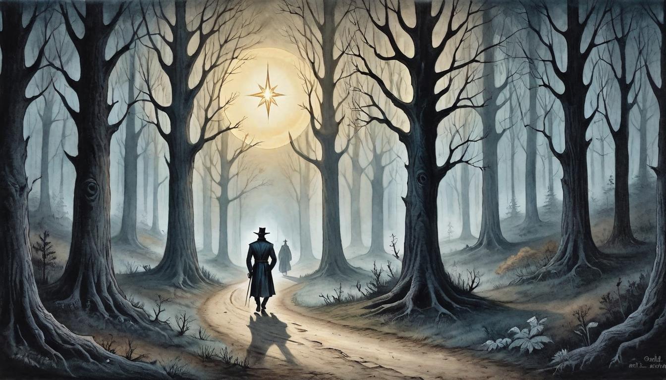  on parchment, surrealism+++, Bright star illuminating a dark forest path, ghostly trees casting long shadows, figure walking towards the light, focus, guidance, clarity(mysterious, provocative, symbolic,muted color)+++