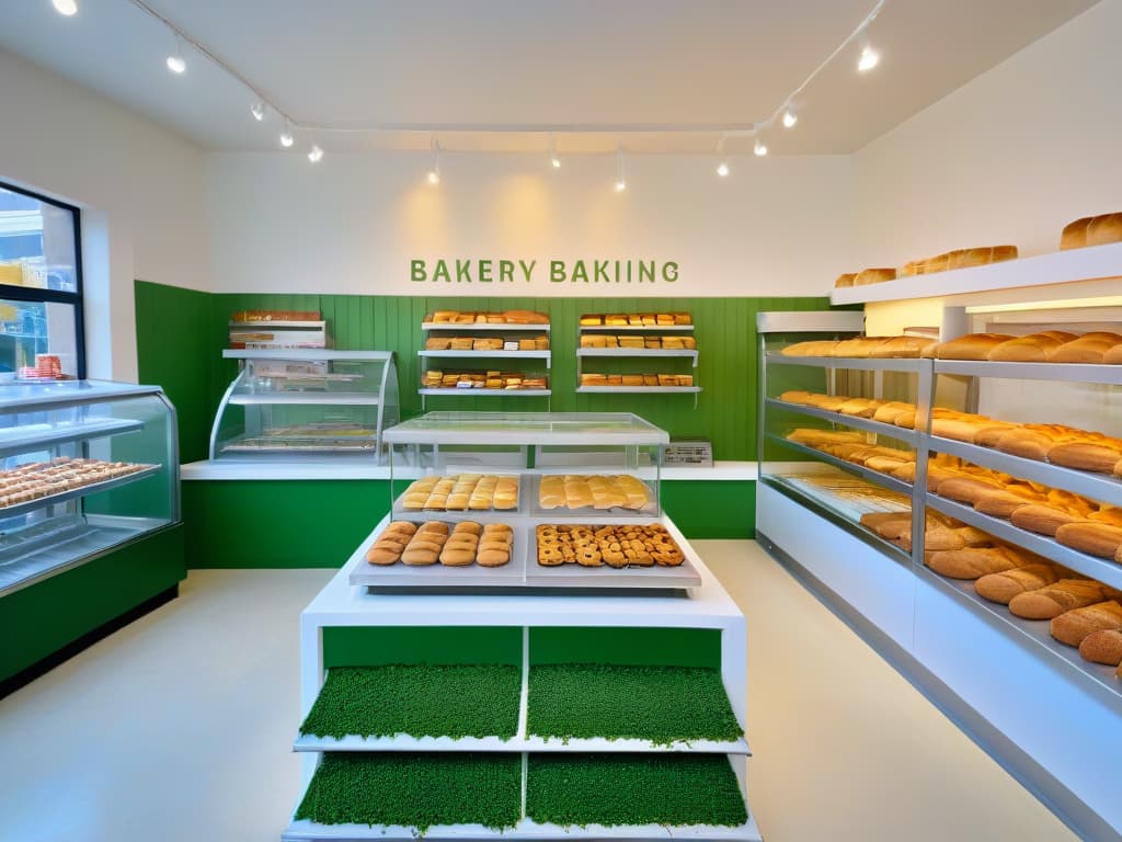  A minimalist, highresolution image of a modern, sustainable bakery showcasing sleek, ecofriendly design elements such as energyefficient lighting, recycling stations, and plant decor. The bakery's interior is filled with natural light, highlighting an array of delicious, freshly baked pastries and bread on display. The focus is on the seamless blend of sustainability and style in the space, with clean lines and a calming color palette of greens and neutrals. hyperrealistic, full body, detailed clothing, highly detailed, cinematic lighting, stunningly beautiful, intricate, sharp focus, f/1. 8, 85mm, (centered image composition), (professionally color graded), ((bright soft diffused light)), volumetric fog, trending on instagram, trending on tumblr, HDR 4K, 8K