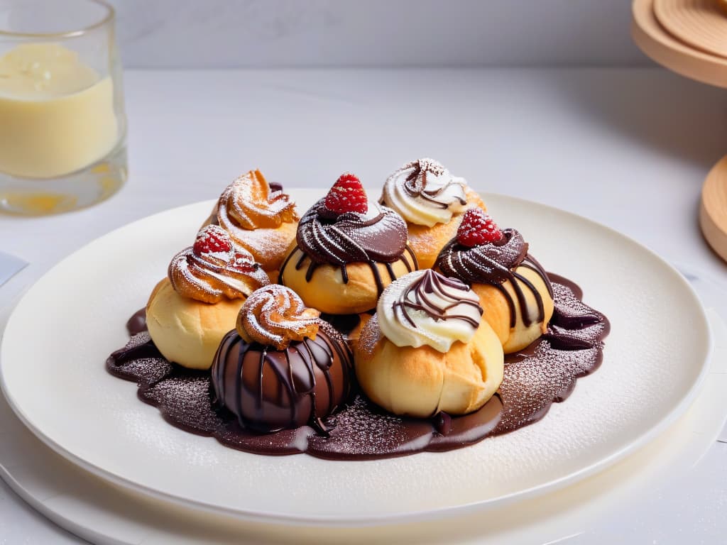  An ultradetailed image of a plate of freshly baked profiteroles, perfectly golden brown, filled with rich and creamy vanilla pastry cream, topped with a glossy dark chocolate ganache drizzle. Each profiterole is delicately garnished with a single fresh raspberry and a sprinkle of powdered sugar, set against a sleek white marble countertop, with a scattering of cocoa powder in the background. The lighting is soft and natural, highlighting the textures and colors of the decadent dessert. hyperrealistic, full body, detailed clothing, highly detailed, cinematic lighting, stunningly beautiful, intricate, sharp focus, f/1. 8, 85mm, (centered image composition), (professionally color graded), ((bright soft diffused light)), volumetric fog, trending on instagram, trending on tumblr, HDR 4K, 8K