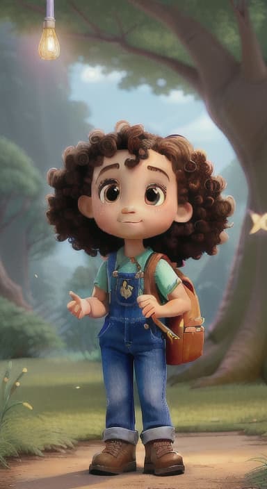  {The tree shining brightly and releasing a gentle, magical light., Riley, a curious with big brown eyes and curly hair, wearing overalls and carrying a small backpack. Their friend, Skye, a bluebird with shiny feathers.