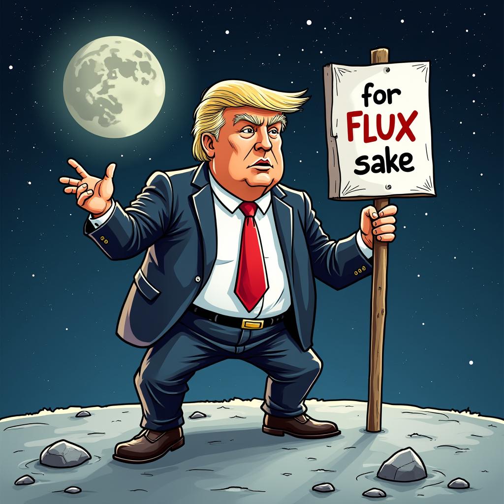  comic illustration of trump hlding a sign holding a sign that say 'for flux sake'on moon