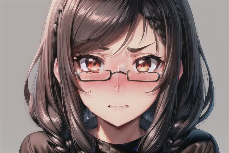  (((SFW))), detailed illustration of a woman, ((((flustered)))), ((((nose blush)))), ((comical)), ((((funny)))), ((face closeup)), ((masterpiece)), highres, absurdres, ultra detailed, HD, 8K, wallpaper, ((jet black hair)), (((double braided hairstyle))), ((brown eyes)), ((perfect eyes)), prominent pupils, detailed eyes, detailed nose, detailed mouth, detailed hair, (((simple background))), (((rectangular glasses with black frame))), (large breasts), ((brown sweater)), embarassed expression, expressive eyes, ((perfect eyes)), (nice hands), simple background, (fine detail), prominent outline, sharp nose, (perfect eyes), expressive eyes, shiny lens, ((HD))