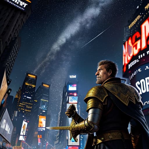  Against the backdrop of the doomsday ruins of New York's Times Square, a scarred man in golden armor holds a sword and looks up at the stars.