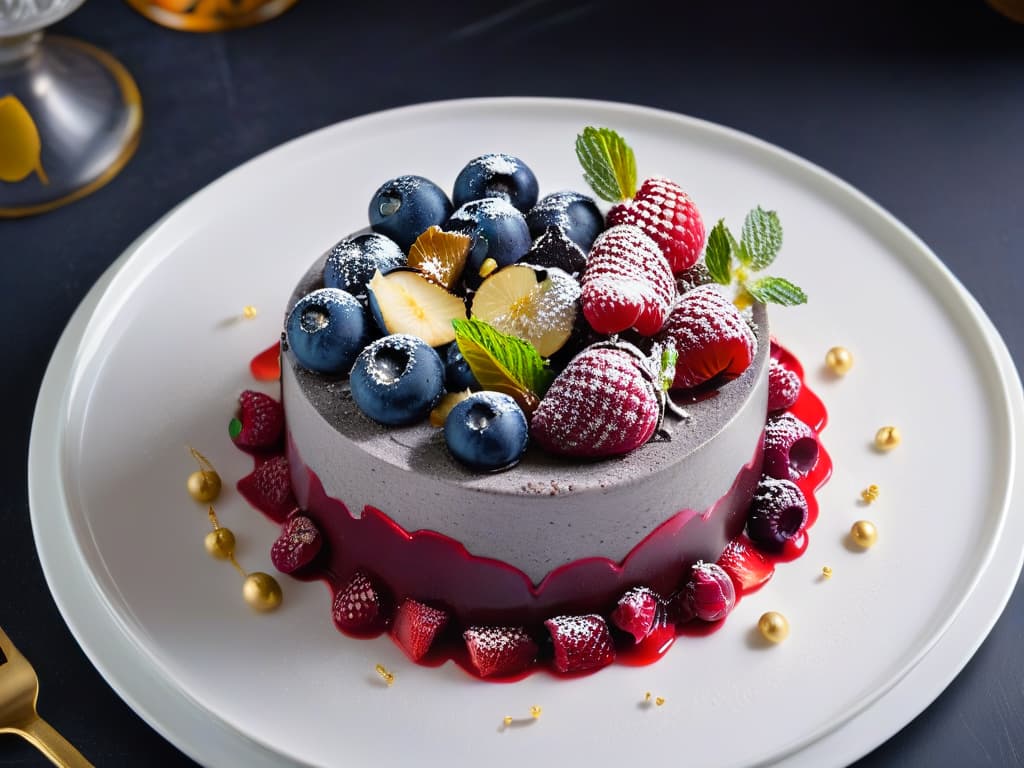  A beautifully plated dessert featuring layers of delicate chia seed pudding, vibrant mixed berry compote, and topped with edible gold flakes. The dish is elegantly garnished with fresh mint leaves and raspberries, presented on a sleek white porcelain plate set against a dark marble background. The lighting highlights the textures and colors of the dessert, showcasing its sophistication and gourmet quality. hyperrealistic, full body, detailed clothing, highly detailed, cinematic lighting, stunningly beautiful, intricate, sharp focus, f/1. 8, 85mm, (centered image composition), (professionally color graded), ((bright soft diffused light)), volumetric fog, trending on instagram, trending on tumblr, HDR 4K, 8K