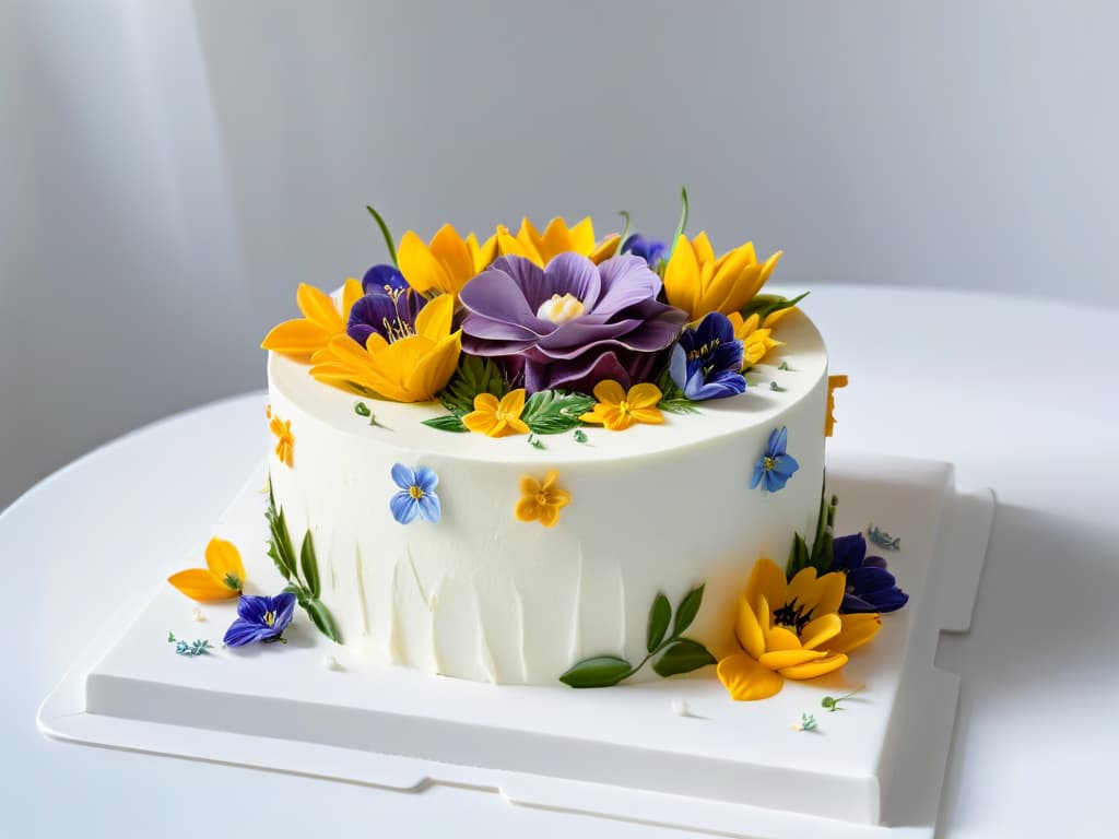  A closeup, ultradetailed image of a perfectly frosted and decorated multilayered cake on a sleek, white marble countertop. The cake is adorned with vibrant edible flowers and intricate piping details, showcasing the artistry and skill of a professional pastry chef. The lighting is soft and natural, emphasizing the textures and colors of the dessert in a minimalist and elegant composition. hyperrealistic, full body, detailed clothing, highly detailed, cinematic lighting, stunningly beautiful, intricate, sharp focus, f/1. 8, 85mm, (centered image composition), (professionally color graded), ((bright soft diffused light)), volumetric fog, trending on instagram, trending on tumblr, HDR 4K, 8K