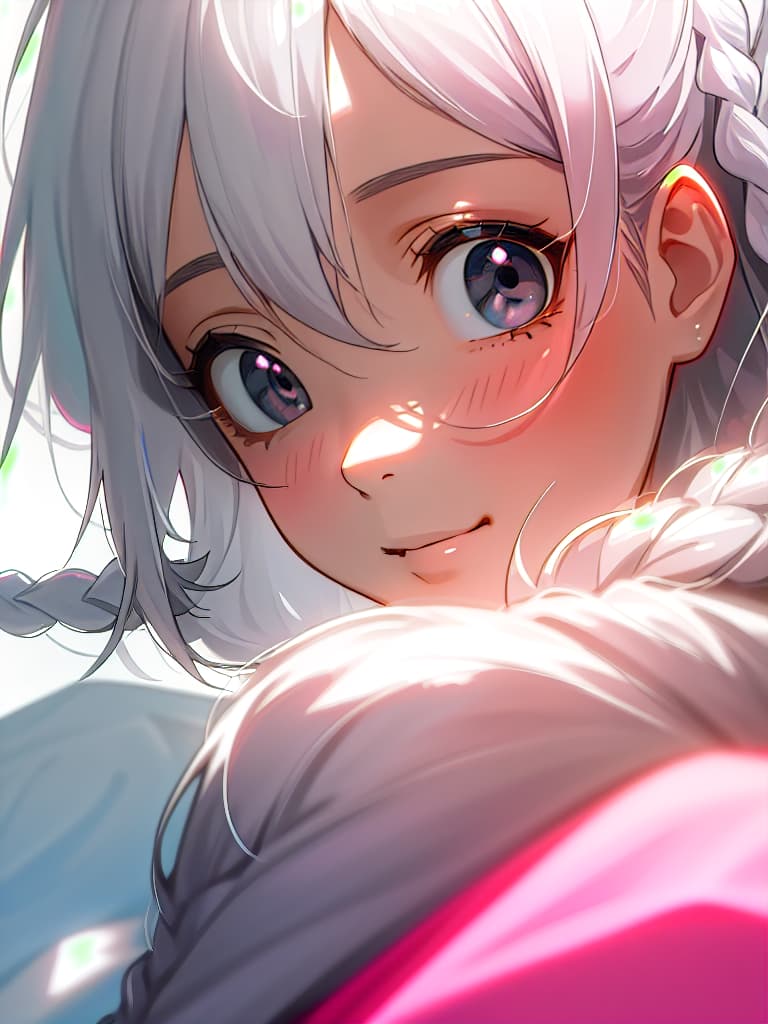  (masterpiece:1.2),(best quality:1.2),realistic,anime screencap,silver hair,black eyes,single braid right side,sunlight,pink dress,soft look,smile,face close up,looking at viewer,, masterpiece, best quality,8k,ultra detailed,high resolution,an extremely delicate and beautiful,hyper detail