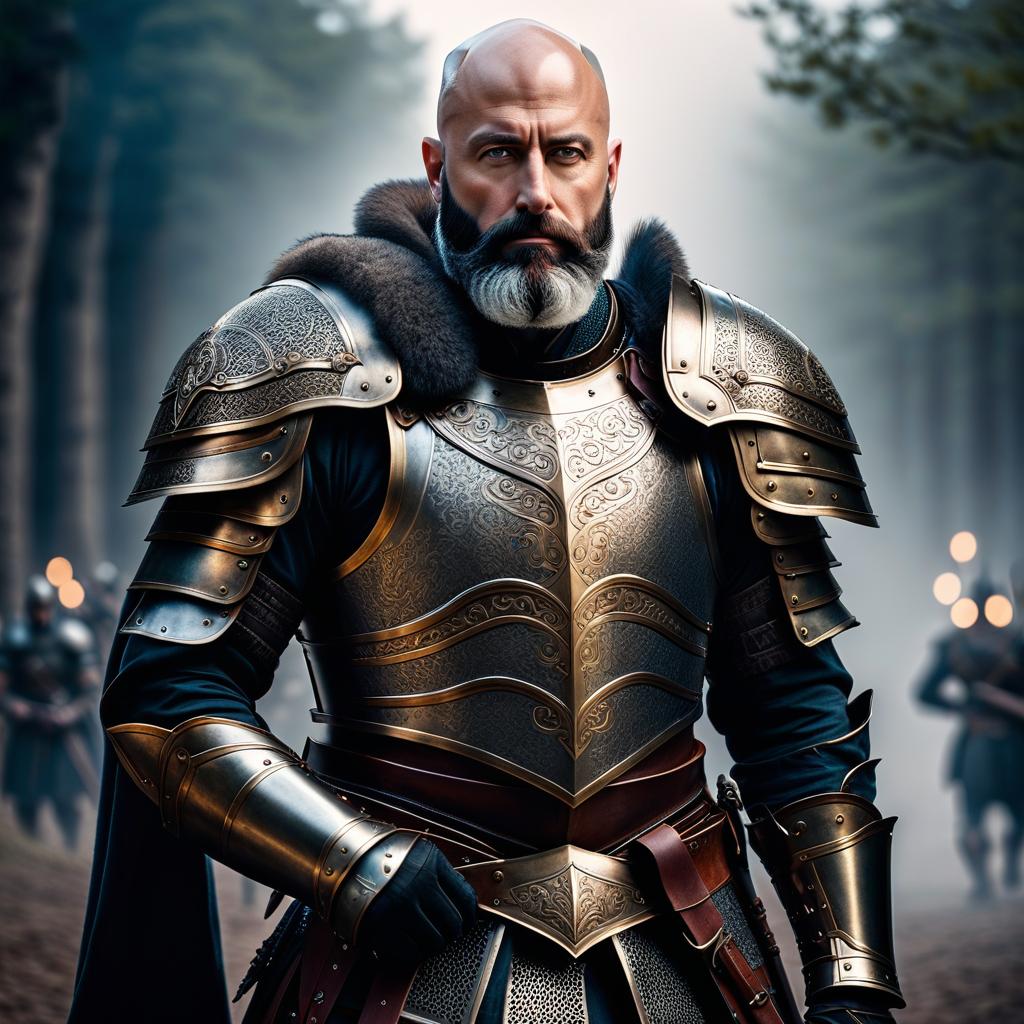  bald bearded man in armor, without a helmet hyperrealistic, full body, detailed clothing, highly detailed, cinematic lighting, stunningly beautiful, intricate, sharp focus, f/1. 8, 85mm, (centered image composition), (professionally color graded), ((bright soft diffused light)), volumetric fog, trending on instagram, trending on tumblr, HDR 4K, 8K