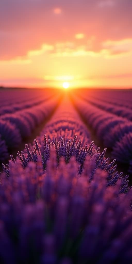  good quality, high quality, golden rays of the setting sun illuminate a lavender field, with rows of deep purple stretching towards the horizona perfect visual for calm and relaxation themes