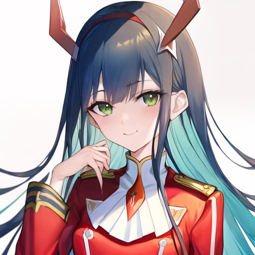  zero two (darling in the franxx), darling in the franxx, 1girl, ascot, bangs, blue background, green eyes, hairband, horns, long hair, long sleeves, looking at viewer, red jacket, closed jacket, military uniform, oni horns, orange ascot, pink hair, red horns, simple background, smile, solo, standing, uniform, white hairband, ((masterpiece)), (( Man )), (( deep eyes )), (( green brown eyes )), (( navy blue hair )), (( styled hair )), (( fully-clothed attire ))