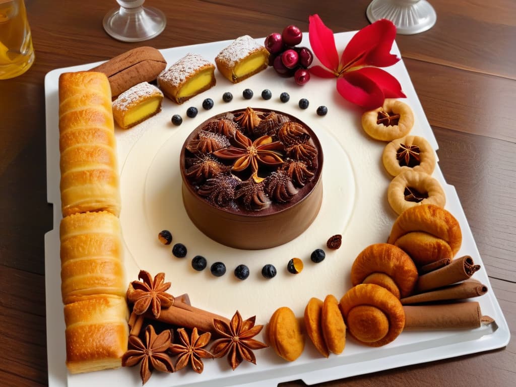  An 8k ultradetailed image of a beautifully arranged spread of intricate pastries and desserts from the 15th and 16th centuries, featuring rich spices like cinnamon, nutmeg, and cloves as key ingredients. The desserts are elegantly presented on a simple, white platter, highlighting their complex shapes and ornate decorations. Each pastry is a work of art, showcasing the skill and creativity of European bakers during the spice trade era. hyperrealistic, full body, detailed clothing, highly detailed, cinematic lighting, stunningly beautiful, intricate, sharp focus, f/1. 8, 85mm, (centered image composition), (professionally color graded), ((bright soft diffused light)), volumetric fog, trending on instagram, trending on tumblr, HDR 4K, 8K