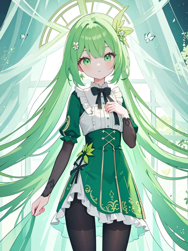  Green hair character with only net tights with the whole body, masterpiece, best quality,8k,ultra detailed,high resolution,an extremely delicate and beautiful,hyper detail