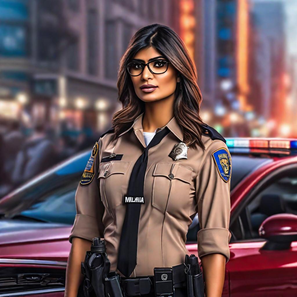  Mia Khalifa as a cop hyperrealistic, full body, detailed clothing, highly detailed, cinematic lighting, stunningly beautiful, intricate, sharp focus, f/1. 8, 85mm, (centered image composition), (professionally color graded), ((bright soft diffused light)), volumetric fog, trending on instagram, trending on tumblr, HDR 4K, 8K