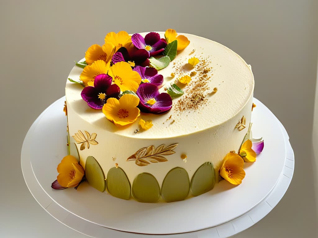  A closeup, ultradetailed image of a freshly baked, intricately decorated glutenfree almond flour cake, adorned with vibrant edible flowers and delicate gold leaf accents, set against a crisp white backdrop to highlight the exquisite texture and rich colors of the dessert. hyperrealistic, full body, detailed clothing, highly detailed, cinematic lighting, stunningly beautiful, intricate, sharp focus, f/1. 8, 85mm, (centered image composition), (professionally color graded), ((bright soft diffused light)), volumetric fog, trending on instagram, trending on tumblr, HDR 4K, 8K