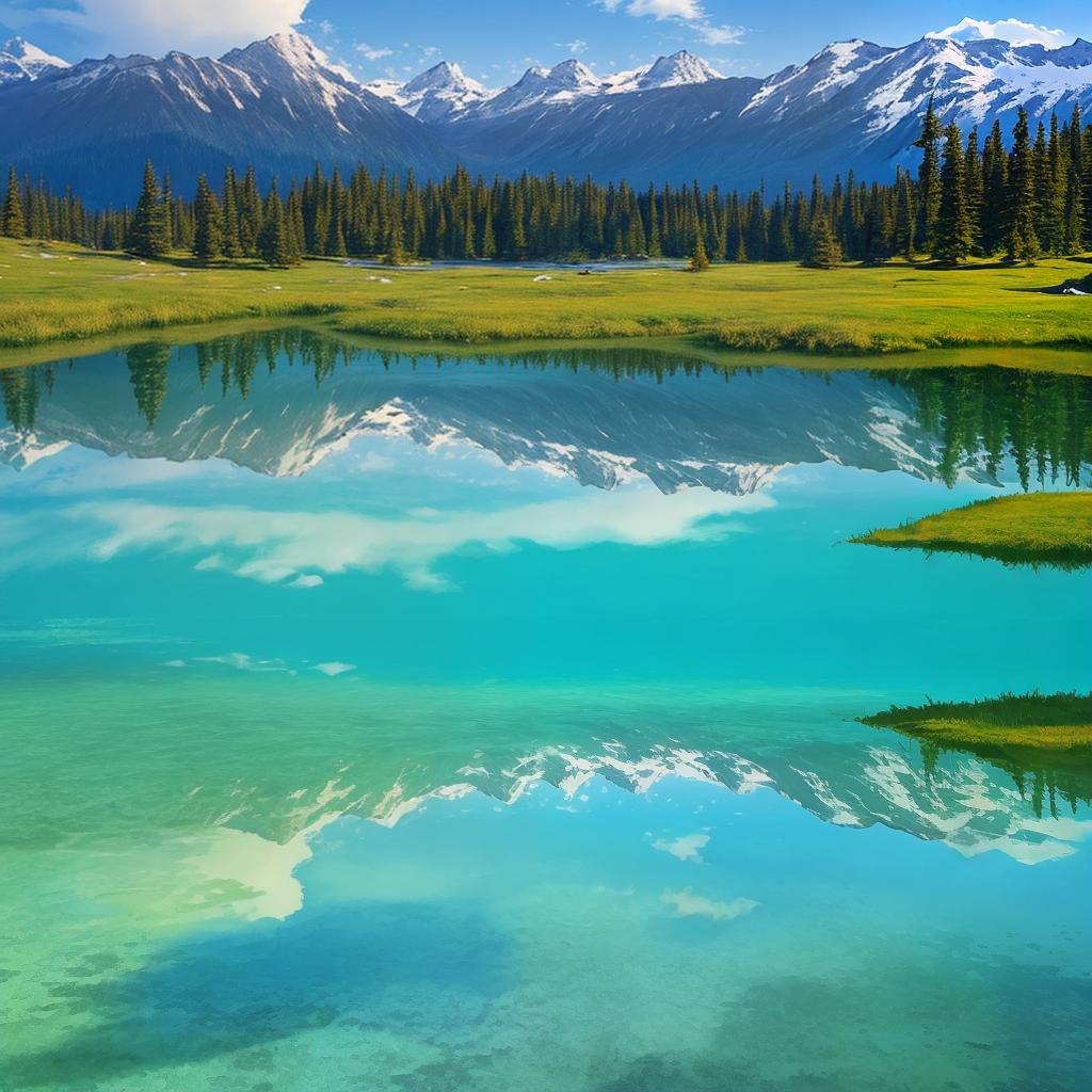  as a painting, Convey the serene majesty of towering mountains reflected in the crystal-clear waters of a tranquil alpine lake, using your unique artistic vision to evoke a sense of awe and tranquility.