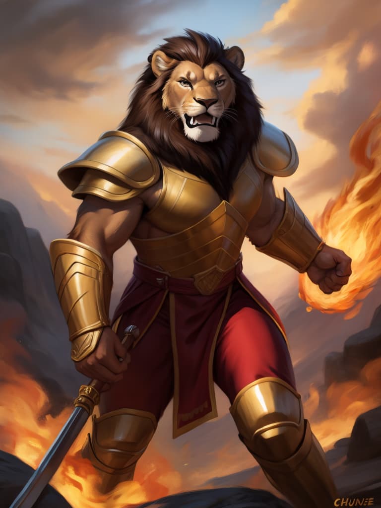  By chunie, by Zaush, portrait, full body, full view, photorealistic, solo, anthro, male, lion, scar on face, a lions fighting in a battlefield, holds a golden weapon, fighting, roaring, angry expression, serious face:2, rage, red and gold armor:2, surrounded by flames, fireland, fire in background, ultra detailed flame, ultra detailed red and gold armor, sfw, thick body, muscular body, stare at the camera, open eyes, digital art, masterpiece, 4k, fine details,