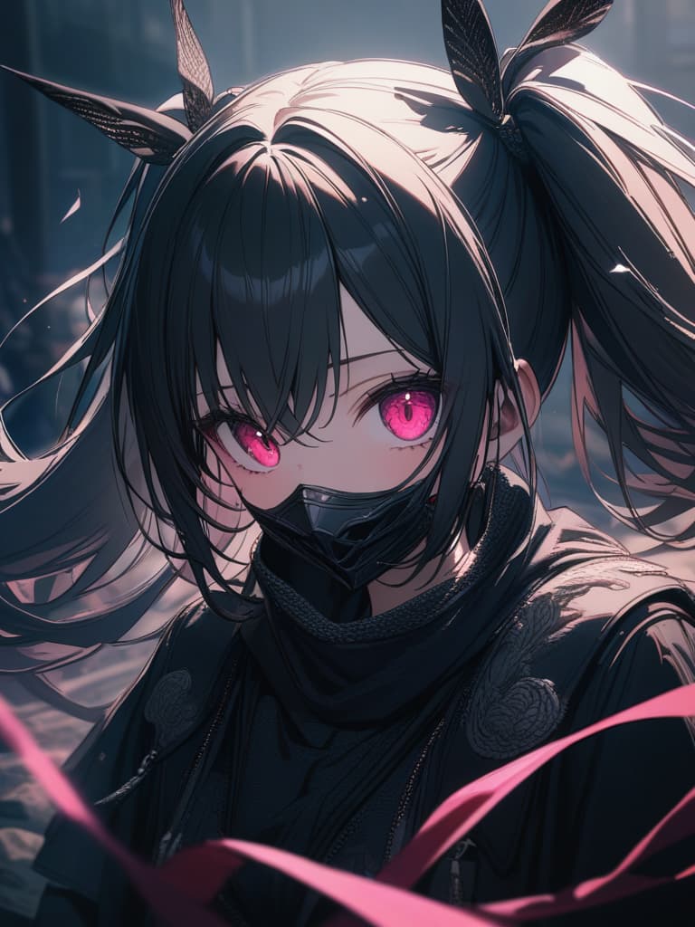  Twin tails, cool, hidden mouth with a mask, magical girl, big scissors, crushed scissors, black mask, black mask, masterpiece, best quality,8k,ultra detailed,high resolution,an extremely delicate and beautiful,hyper detail