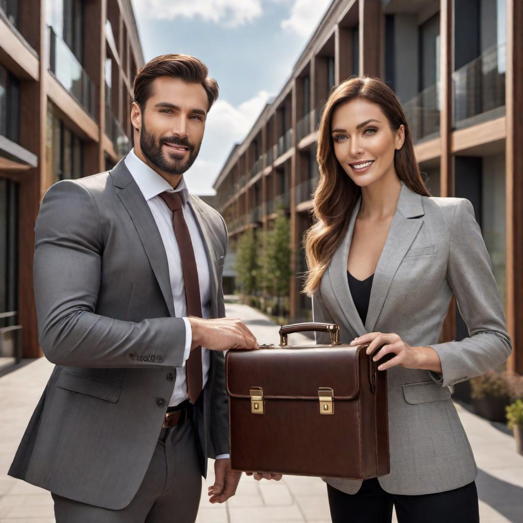  In front of a three-story high, wood-constructed apartment complex, an architect is being presented hardware by a salesperson. The apartment complex should have a clear design characteristic of wood architecture with visible balconies and windows. The architect and the salesperson are standing in the foreground, the architect is dressed in professional attire with a hard hat, looking at a piece of hardware (like a doorknob or a hinge) held out by the salesperson, who is carrying a briefcase and looks eager and professional. hyperrealistic, full body, detailed clothing, highly detailed, cinematic lighting, stunningly beautiful, intricate, sharp focus, f/1. 8, 85mm, (centered image composition), (professionally color graded), ((bright soft diffused light)), volumetric fog, trending on instagram, trending on tumblr, HDR 4K, 8K