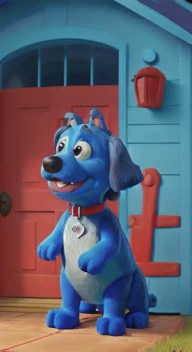  {Max the big blue dog standing in front of a cozy little house with a red door, The big blue dog is large with sky blue fur, big round eyes, a black nose, and floppy ears.