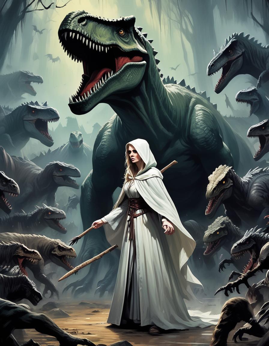  horror themed (Masterpiece, acrylic painting:1.4), half in white cloak with long hair huddles in terror against a dinosaur who protects her from a mob of zombies with sticks and bats, (dinosaur protects from mob of zombies:1.4), close up, (splash art:1.2), intense close up, high quality, high resolution, dynamic perspective, style of Peder Balke, style of George B. Bridgman, style of Jesper Ejsing. Bridgman, style of Jesper Ejsing, high quality, high resolution, lots of detail. . eerie, unsettling, dark, spooky, suspenseful, grim, highly detailed hyperrealistic, full body, detailed clothing, highly detailed, cinematic lighting, stunningly beautiful, intricate, sharp focus, f/1. 8, 85mm, (centered image composition), (professionally color graded), ((bright soft diffused light)), volumetric fog, trending on instagram, trending on tumblr, HDR 4K, 8K