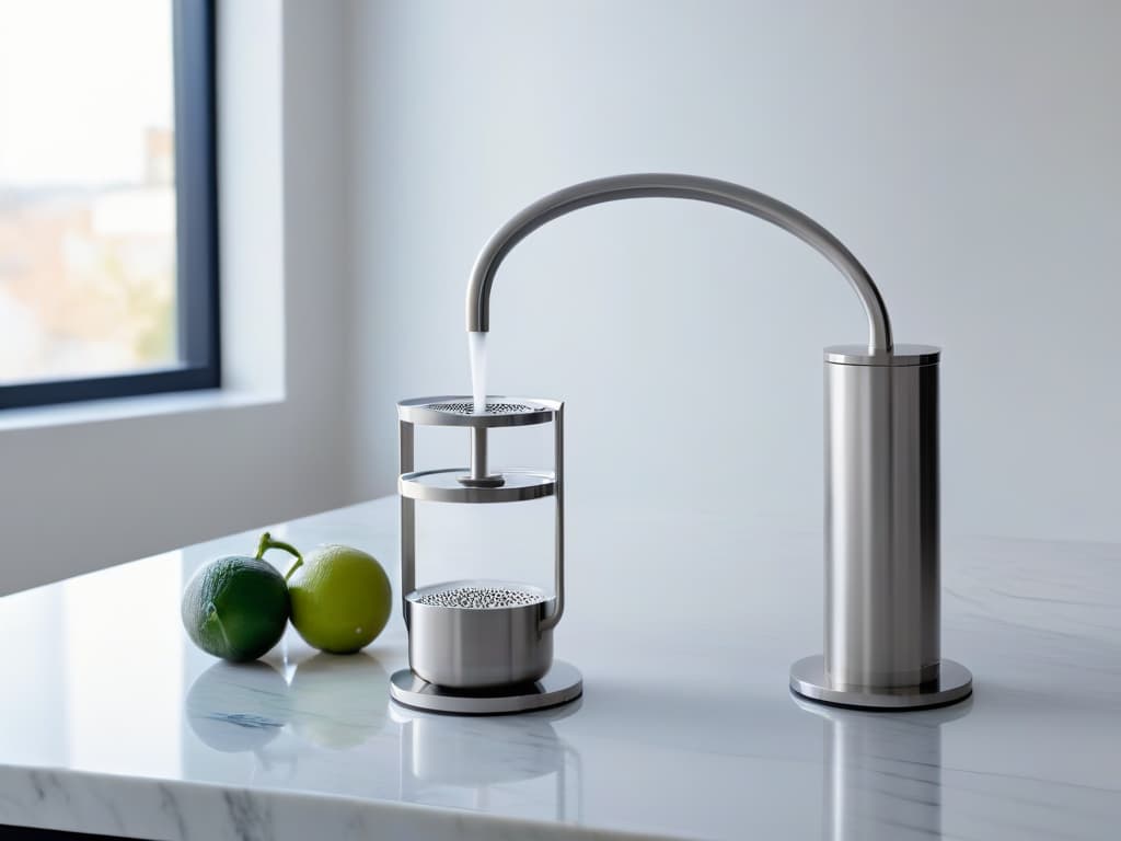  A highresolution, minimalist image of a sleek, stainless steel kitchen siphon resting on a marble countertop. The siphon is elegantly designed, with a glossy finish and a nozzle for dispensing creamy, sweet foams. The countertop is spotless, emphasizing the modern and professional aesthetic of the kitchen tool. The image captures the essence of sophistication and precision, appealing to readers seeking topquality kitchen equipment for their pastry creations. hyperrealistic, full body, detailed clothing, highly detailed, cinematic lighting, stunningly beautiful, intricate, sharp focus, f/1. 8, 85mm, (centered image composition), (professionally color graded), ((bright soft diffused light)), volumetric fog, trending on instagram, trending on tumblr, HDR 4K, 8K