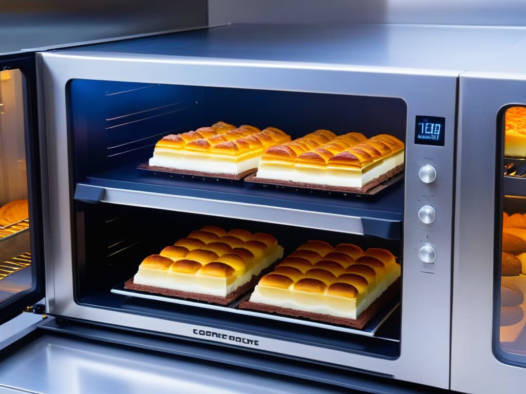  An ultradetailed image of a sleek, modern stainless steel convection oven with a digital display panel, showcasing a variety of perfectly baked pastries and cakes through its clear glass door. The interior is brightly lit, emphasizing the precision and advanced technology of the oven, while the exterior remains clean and minimalistic in design. hyperrealistic, full body, detailed clothing, highly detailed, cinematic lighting, stunningly beautiful, intricate, sharp focus, f/1. 8, 85mm, (centered image composition), (professionally color graded), ((bright soft diffused light)), volumetric fog, trending on instagram, trending on tumblr, HDR 4K, 8K