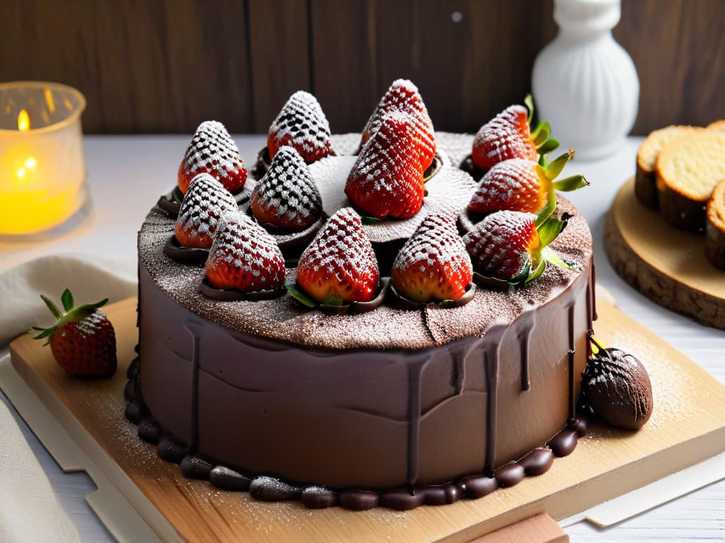  A photorealistic image of a beautifully decorated glutenfree chocolate cake, topped with fresh strawberries and a dusting of powdered sugar, displayed on a rustic wooden table. The cake is perfectly sliced to showcase its moist interior, with layers of rich chocolate ganache in between. The strawberries are vibrant red, contrasting beautifully against the dark chocolate cake, and the powdered sugar glistens in the soft natural light, creating a mouthwatering and visually appealing dessert scene. hyperrealistic, full body, detailed clothing, highly detailed, cinematic lighting, stunningly beautiful, intricate, sharp focus, f/1. 8, 85mm, (centered image composition), (professionally color graded), ((bright soft diffused light)), volumetric fog, trending on instagram, trending on tumblr, HDR 4K, 8K