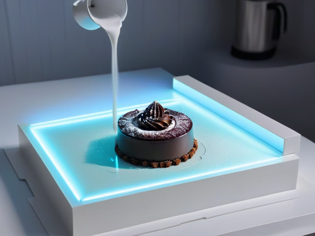  A visually striking, minimalistic image of a pristine white kitchen counter with a sleek, futuristic holographic interface displaying a stepbystep guide to creating a decadent chocolate dessert through augmented reality. The holographic elements are vibrant and detailed, showcasing ingredients floating midair, seamlessly blending with realworld utensils and appliances. The hightech yet elegant aesthetic conveys a sense of innovation and simplicity in the culinary process, perfectly complementing the theme of using augmented reality to streamline complex dessert recipes. hyperrealistic, full body, detailed clothing, highly detailed, cinematic lighting, stunningly beautiful, intricate, sharp focus, f/1. 8, 85mm, (centered image composition), (professionally color graded), ((bright soft diffused light)), volumetric fog, trending on instagram, trending on tumblr, HDR 4K, 8K