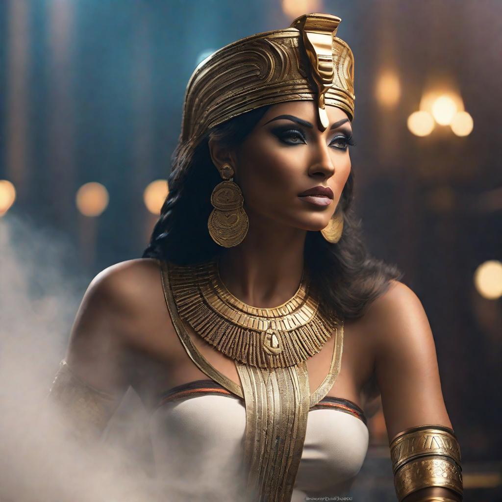  Cleopatra hyperrealistic, full body, detailed clothing, highly detailed, cinematic lighting, stunningly beautiful, intricate, sharp focus, f/1. 8, 85mm, (centered image composition), (professionally color graded), ((bright soft diffused light)), volumetric fog, trending on instagram, trending on tumblr, HDR 4K, 8K