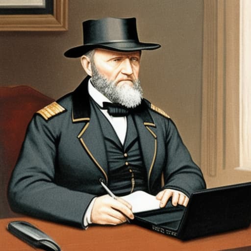  General Ulysses S Grant in a hooded sweater working on a laptop