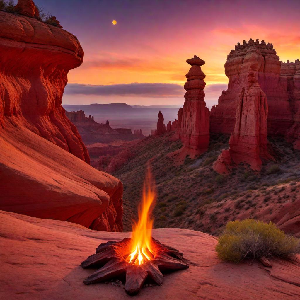  a red rock hoodoo with a flame on top, set against a dramatic twilight sky, highlighting the natural structure with a mystical appearance hyperrealistic, full body, detailed clothing, highly detailed, cinematic lighting, stunningly beautiful, intricate, sharp focus, f/1. 8, 85mm, (centered image composition), (professionally color graded), ((bright soft diffused light)), volumetric fog, trending on instagram, trending on tumblr, HDR 4K, 8K