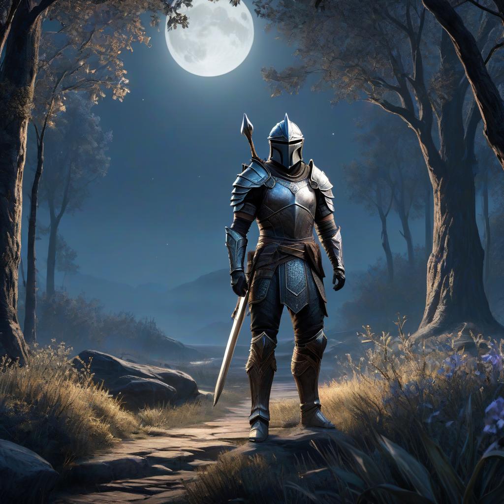  Ink illustration, bright colors, aged paper, moonlight, surreal, armored warrior from the game The Elder Scrolls V Skyrim, (in the distance), moonlight, tall trees, willows, slender, extremely detailed, UHD, (gloomy, but extremely beautiful: 1.4). hyperrealistic, full body, detailed clothing, highly detailed, cinematic lighting, stunningly beautiful, intricate, sharp focus, f/1. 8, 85mm, (centered image composition), (professionally color graded), ((bright soft diffused light)), volumetric fog, trending on instagram, trending on tumblr, HDR 4K, 8K