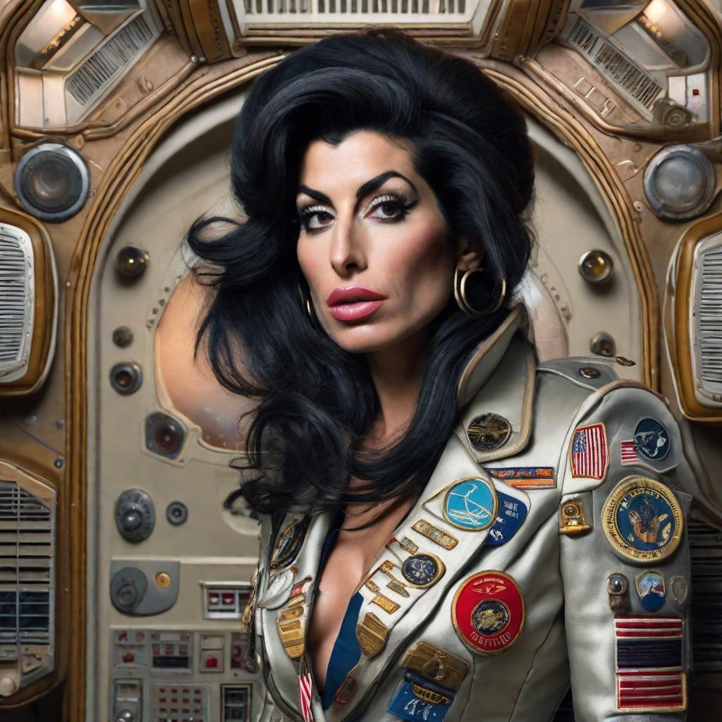  Amy winehouse con traje de astronauta hyperrealistic, full body, detailed clothing, highly detailed, cinematic lighting, stunningly beautiful, intricate, sharp focus, f/1. 8, 85mm, (centered image composition), (professionally color graded), ((bright soft diffused light)), volumetric fog, trending on instagram, trending on tumblr, HDR 4K, 8K