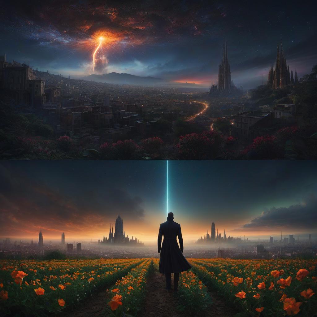  (stylized by Tomasz Alen Kopera:1.3) , dark art, dense flower field and Perseid meteor in background, landscape of a (Barcelona:1.2) , very Bizarre and 1600'S, Hurricane, Glitchcore, Amaro, layered textures, ornate, intricate artistic color, complimentary colors, very inspirational, atmosphere, fine artistic composition, sunny, theatrical hyperrealistic, full body, detailed clothing, highly detailed, cinematic lighting, stunningly beautiful, intricate, sharp focus, f/1. 8, 85mm, (centered image composition), (professionally color graded), ((bright soft diffused light)), volumetric fog, trending on instagram, trending on tumblr, HDR 4K, 8K