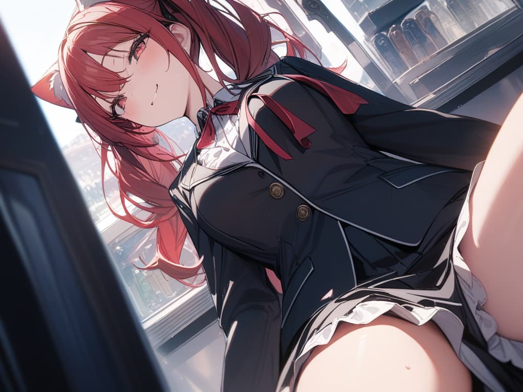  Red hair, hinge, twin tail, green, double tooth, wink, blazer, cat ear, maid clothes, up, masterpiece, best quality,8k,ultra detailed,high resolution,an extremely delicate and beautiful,hyper detail