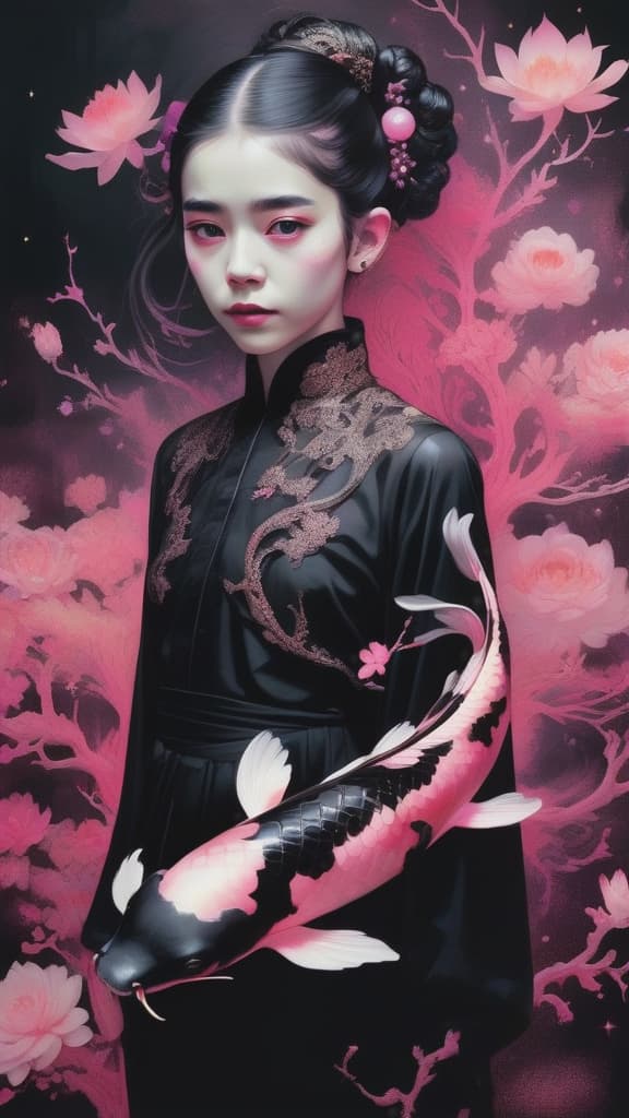  photo RAW, (Black, neon pink and magenta : Portrait of 2 ghostly long tailed black koi, (hispanic woman:1.5), shiny aura, highly detailed, black pearls, gold and coral filigree, intricate motifs, organic tracery, Kiernan Shipka, Januz Miralles, Hikari Shimoda, glowing stardust by W. Zelmer, perfect composition, smooth, sharp focus, sparkling particles, lively coral reef colored background Realistic, realism, hd, 35mm photograph, 8k), masterpiece, award winning photography, natural light, perfect composition, high detail, hyper realistic, add depth, water background hyperrealistic, full body, detailed clothing, highly detailed, cinematic lighting, stunningly beautiful, intricate, sharp focus, f/1. 8, 85mm, (centered image composition), (professionally color graded), ((bright soft diffused light)), volumetric fog, trending on instagram, trending on tumblr, HDR 4K, 8K