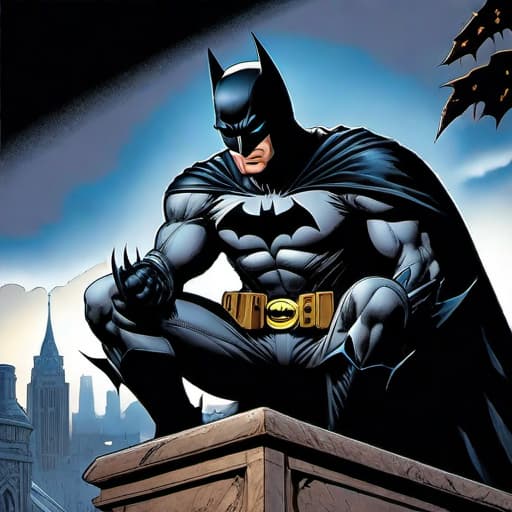  American style (modern) comic about batman , digital color comicbook style, Batman stealthily perched on a gargoyle, observing a group of criminals below.. hyperrealistic, full body, detailed clothing, highly detailed, cinematic lighting, stunningly beautiful, intricate, sharp focus, f/1. 8, 85mm, (centered image composition), (professionally color graded), ((bright soft diffused light)), volumetric fog, trending on instagram, trending on tumblr, HDR 4K, 8K