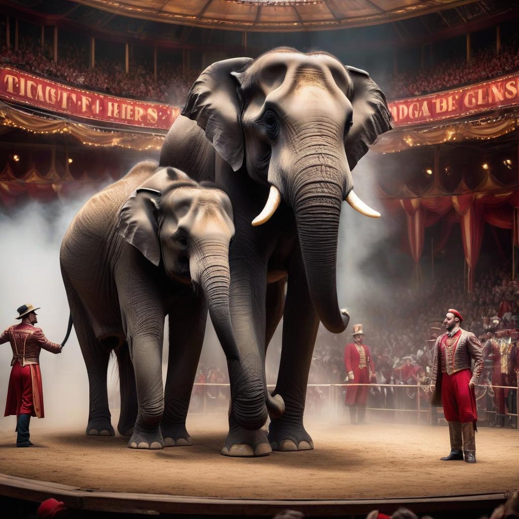  Full length image, Two elephants in the circus arena and a trainer, in a Leyendecker style circus. hyperrealistic, full body, detailed clothing, highly detailed, cinematic lighting, stunningly beautiful, intricate, sharp focus, f/1. 8, 85mm, (centered image composition), (professionally color graded), ((bright soft diffused light)), volumetric fog, trending on instagram, trending on tumblr, HDR 4K, 8K