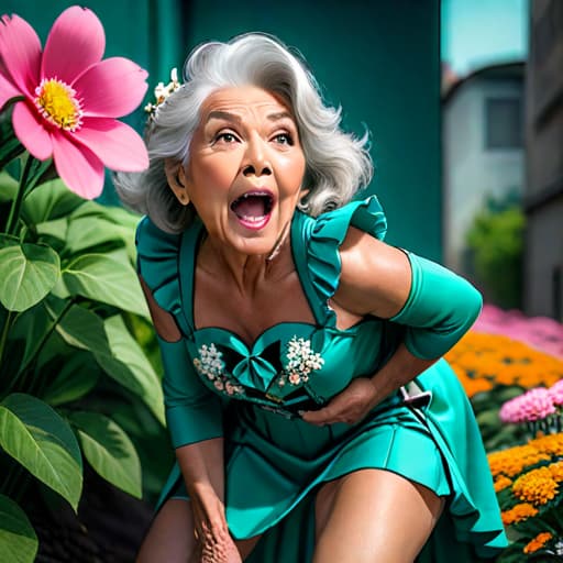   old woman, flower dress, exposing , aheago face, open mouth, squatting dynamic view, from above, looking up at viewer, tongue out, saliva drooling out of her open mouth down her chin and onto her small perky s, pink sports , bottomless, colorful, darl background,flower armor,green theme,exposure blend, medium shot, bokeh, (hdr:1.4), high contrast, (cinematic, teal and orange:0.85), (muted colors, dim colors, soothing tones:1.3), low saturation, hyperrealistic, full body, detailed clothing, highly detailed, cinematic lighting, stunningly beautiful, intricate, sharp focus, f/1. 8, 85mm, (centered image composition), (professionally color graded), ((bright soft diffused light)), volumetric fog, trending on instagram, trending on tumblr, HDR 4K, 8K