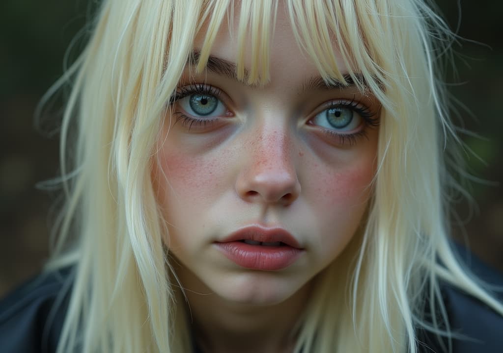  good quality, high quality, a very cute and blonde billie eilish, with realistic deep inferno irises