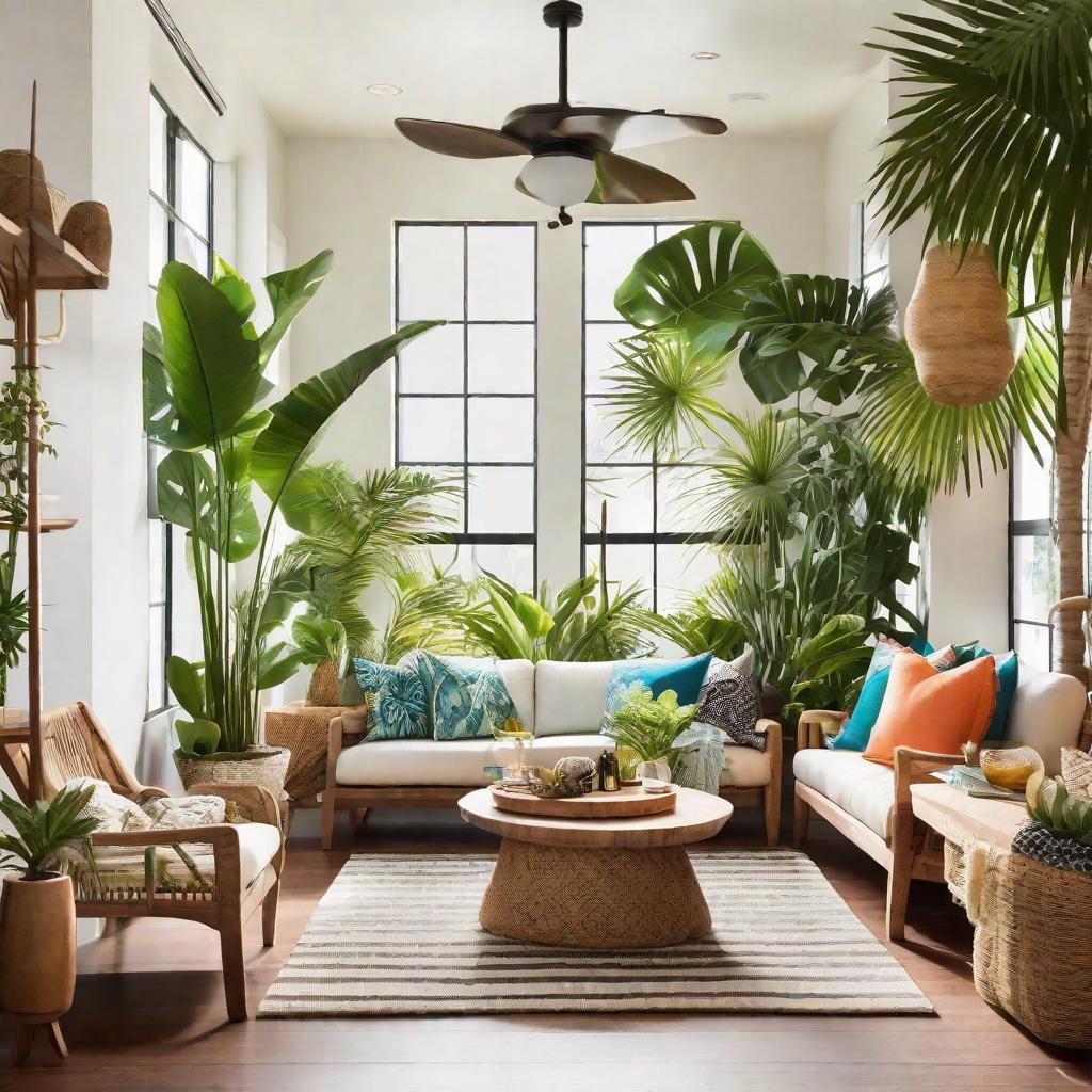   Design a cozy tropical themed nook with vibrant colors, incorporating elements like potted plants, warm lighting, and natural textures. Envision a small, inviting space that radiates a relaxed, tropical atmosphere.