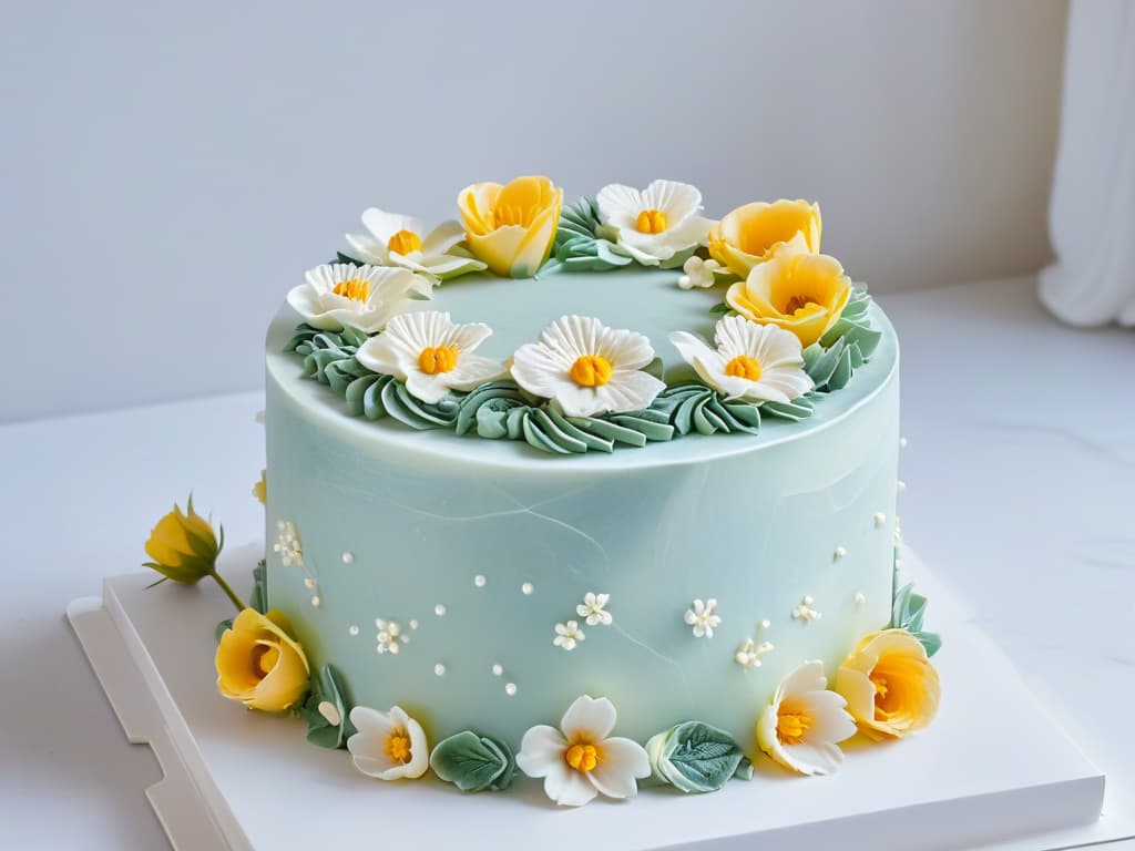  A minimalist image of a beautifully decorated cake sitting on a marble countertop, with soft natural light streaming in, casting gentle shadows. The cake is meticulously crafted with intricate details like delicate sugar flowers and elegant piping, showcasing the artistry and skill of a talented pastry chef. The color palette is soft and elegant, with pastel hues that complement the sophisticated design of the cake. hyperrealistic, full body, detailed clothing, highly detailed, cinematic lighting, stunningly beautiful, intricate, sharp focus, f/1. 8, 85mm, (centered image composition), (professionally color graded), ((bright soft diffused light)), volumetric fog, trending on instagram, trending on tumblr, HDR 4K, 8K